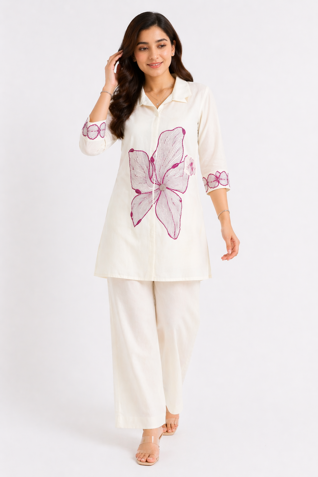 Elegant Cream with floral embroidery Kurta Set with Pants
