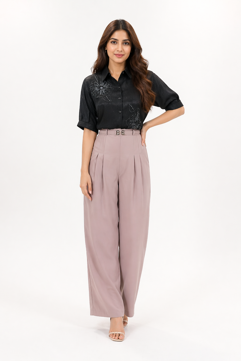 Elegant High-Waisted Wide-Leg Trousers with Pleated Front & Belt Detail