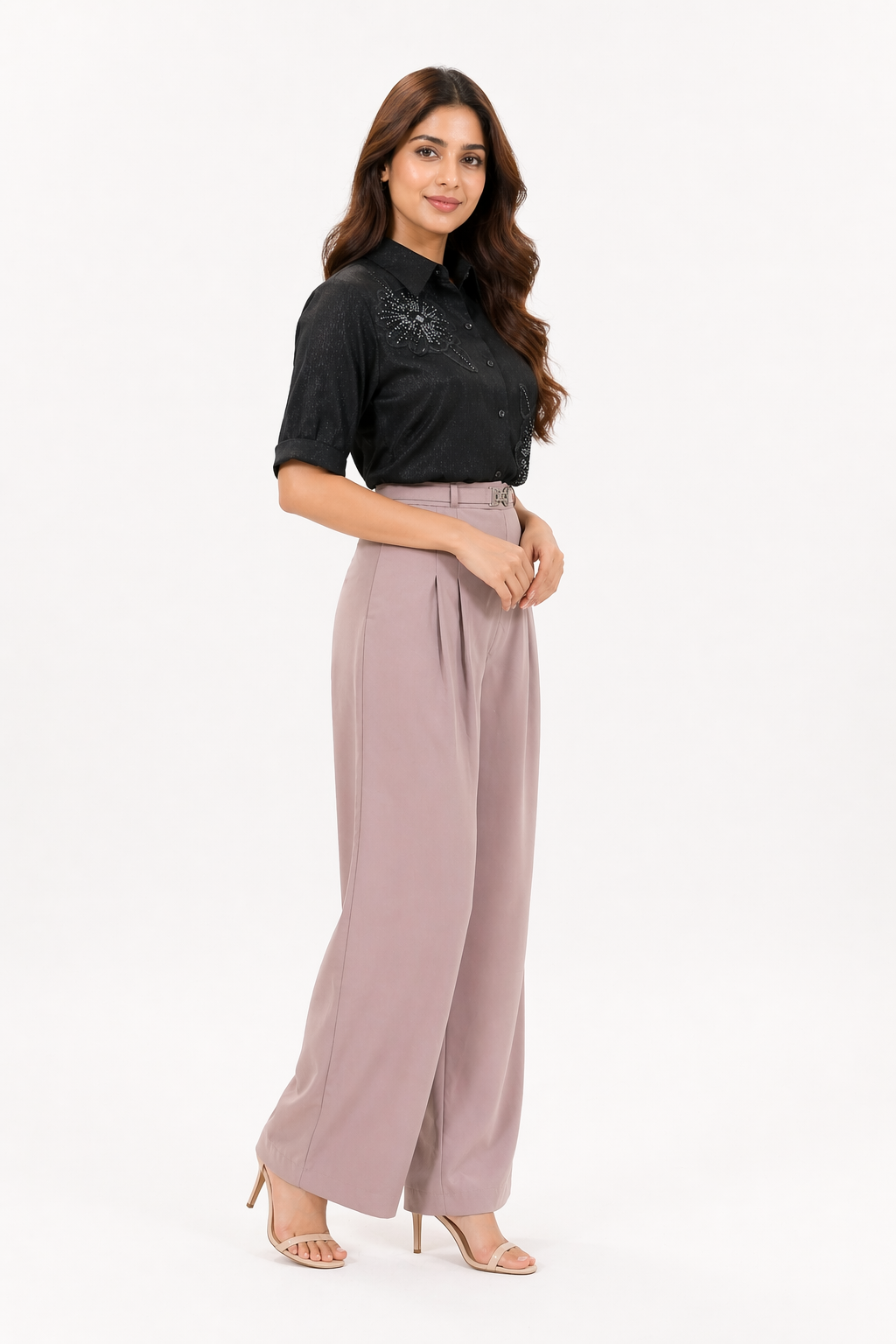 Elegant High-Waisted Wide-Leg Trousers with Pleated Front & Belt Detail