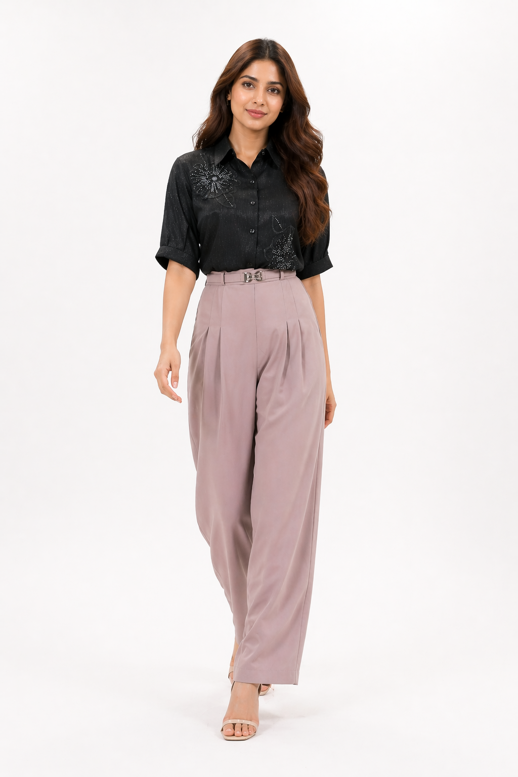 Elegant High-Waisted Wide-Leg Trousers with Pleated Front & Belt Detail