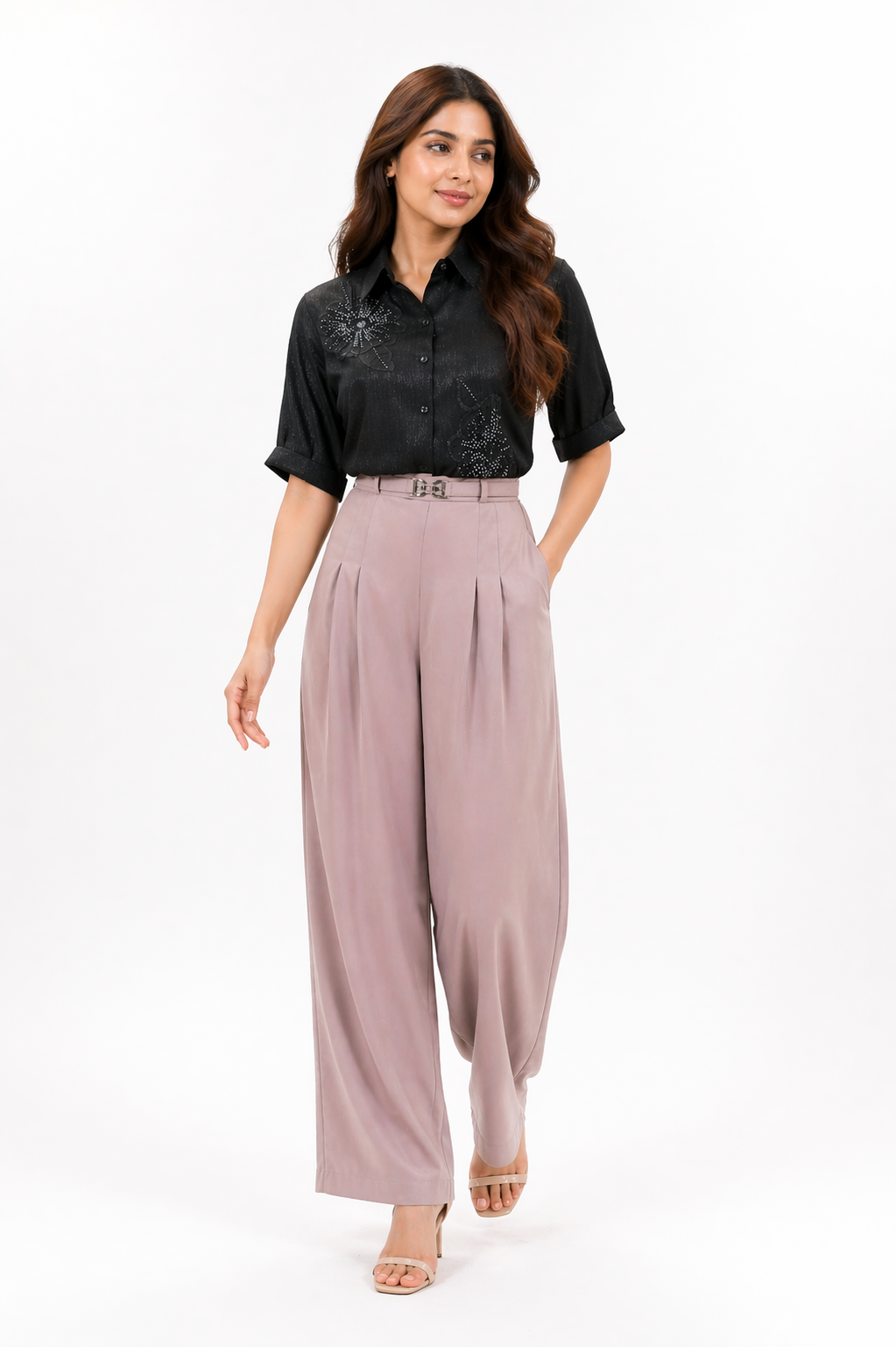 Elegant High-Waisted Wide-Leg Trousers with Pleated Front & Belt Detail