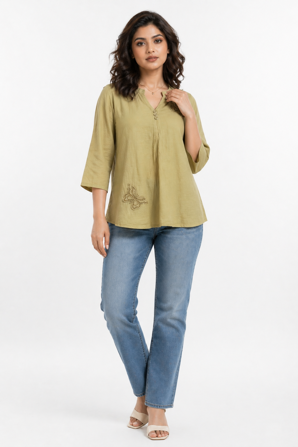 Olive Green Solid Top with Embroidered Butterfly Detail