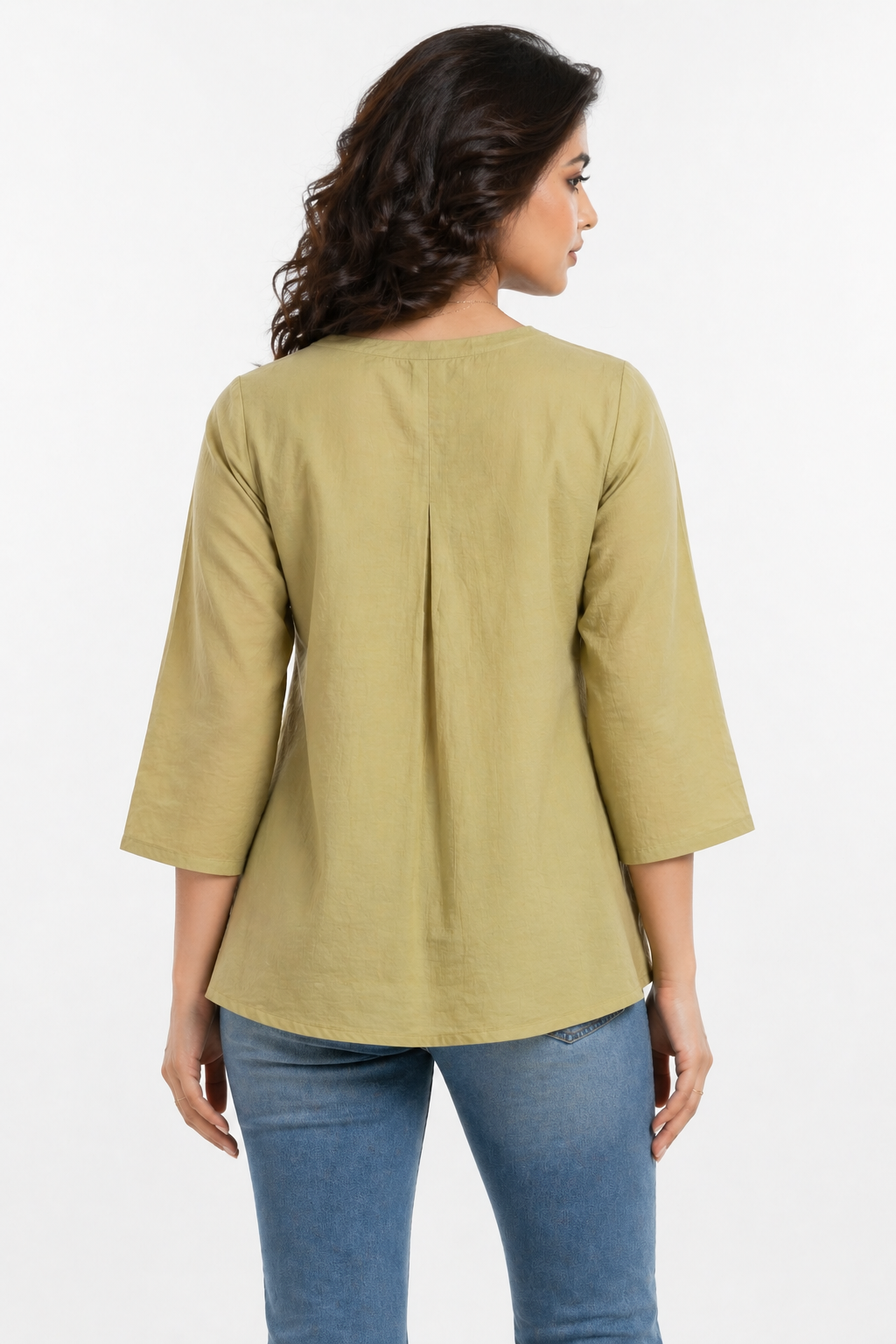 Olive Green Solid Top with Embroidered Butterfly Detail