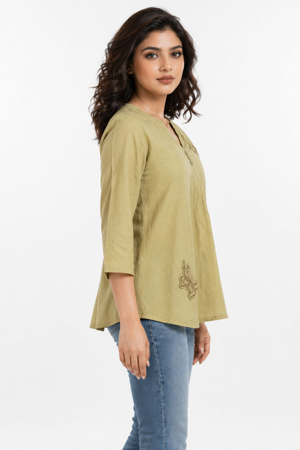 Olive Green Solid Top with Embroidered Butterfly Detail