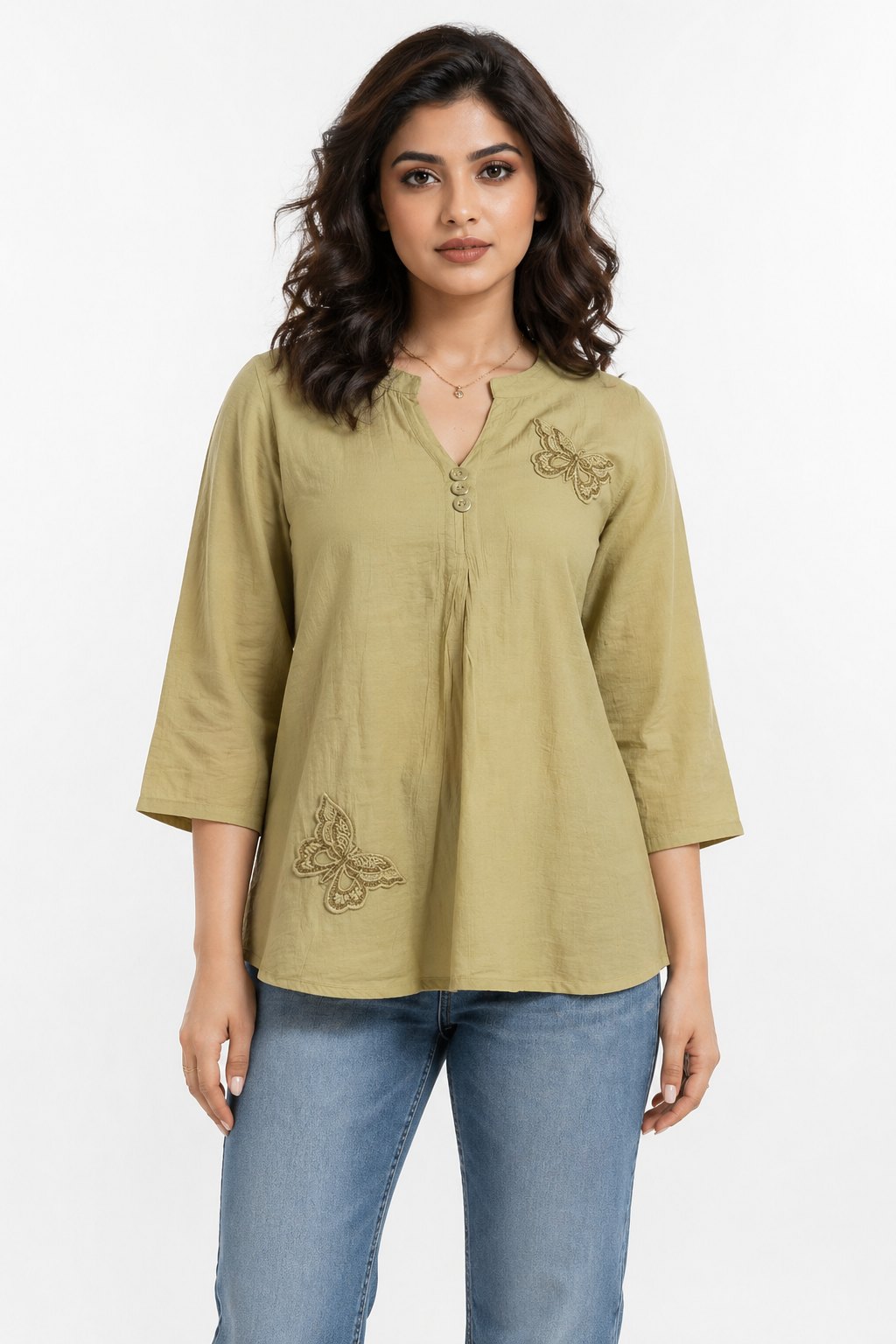 Olive Green Solid Top with Embroidered Butterfly Detail