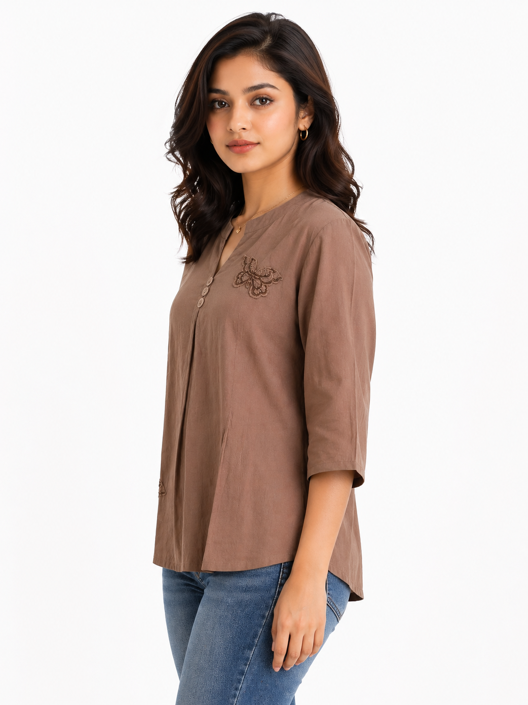 Mocha Brown Solid Top with Embroidered Butterfly Detail