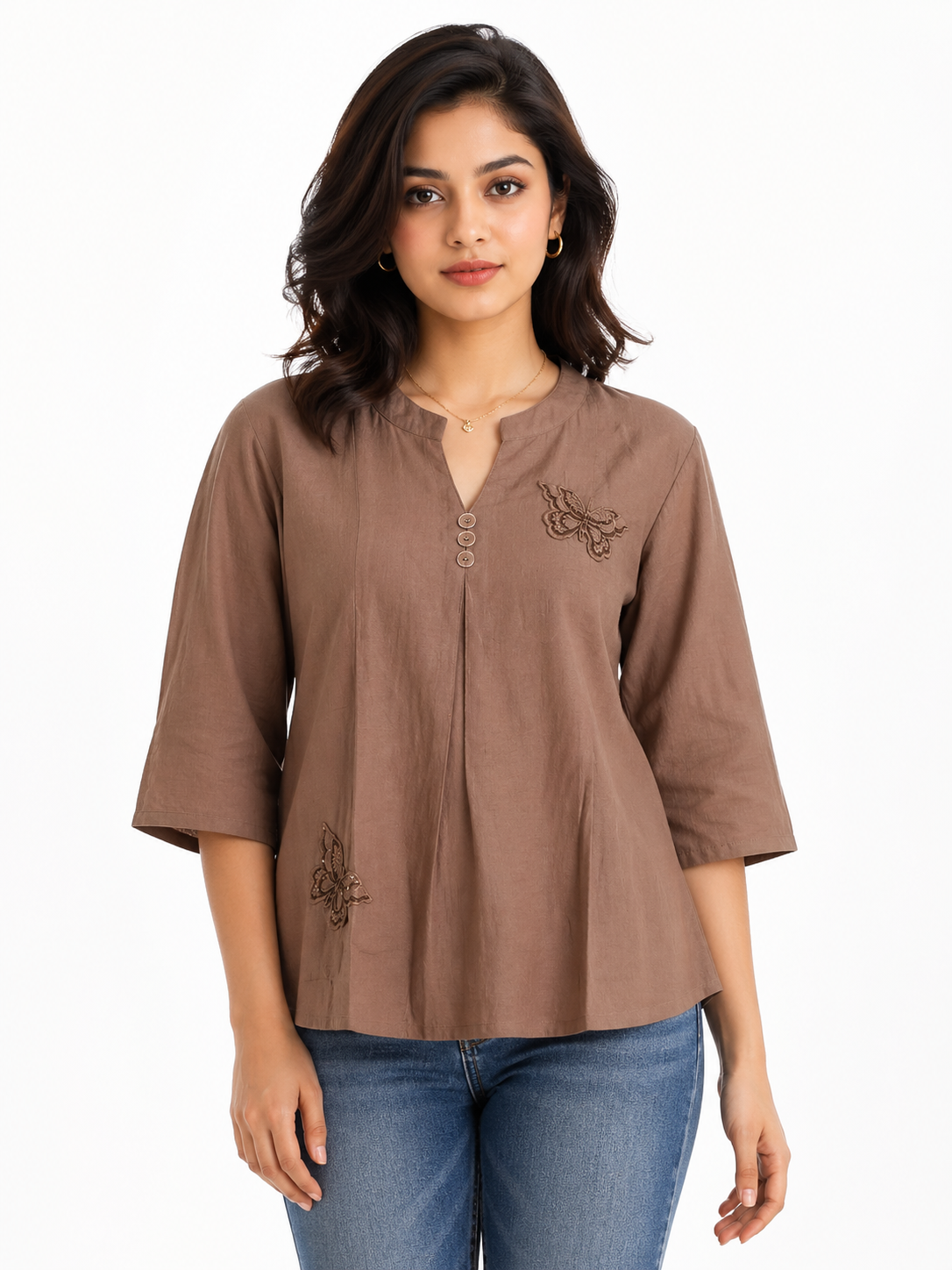 Mocha Brown Solid Top with Embroidered Butterfly Detail