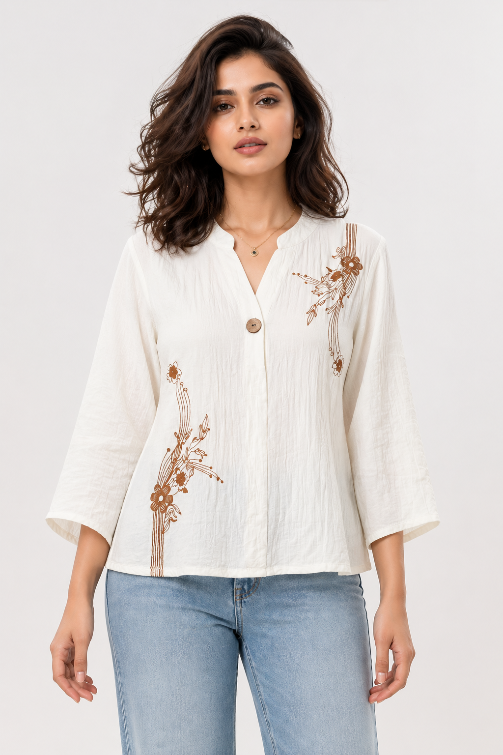 Ivory Printed Top with Abstract Floral Motif
