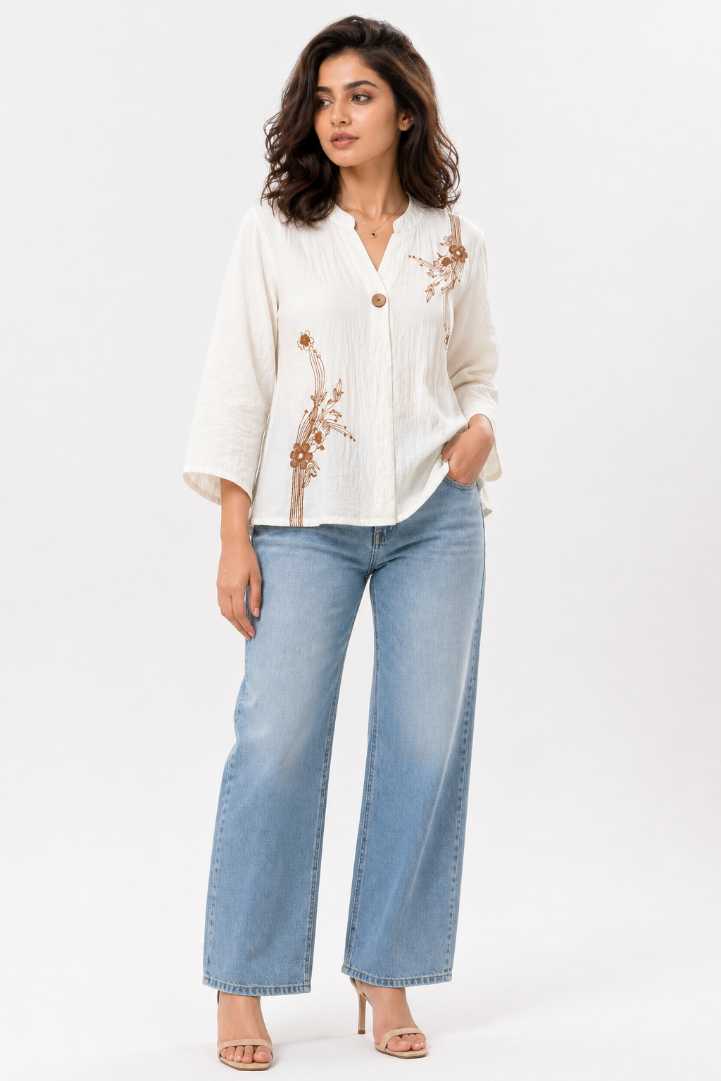 Ivory Printed Top with Abstract Floral Motif