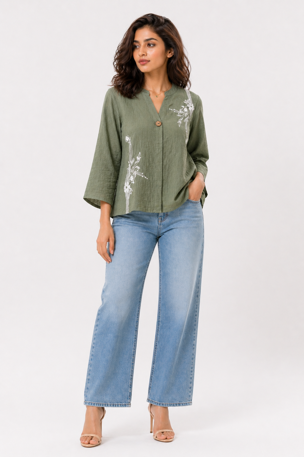 Olive Green Printed Top with Abstract Floral Motif