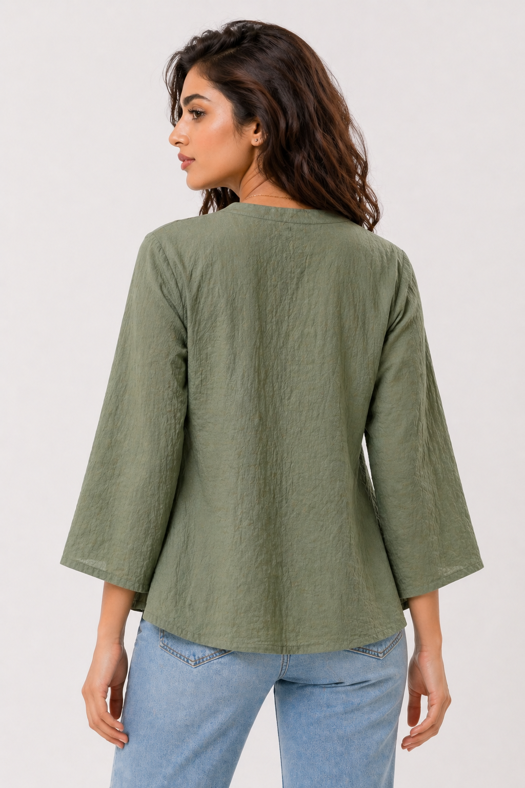 Olive Green Printed Top with Abstract Floral Motif