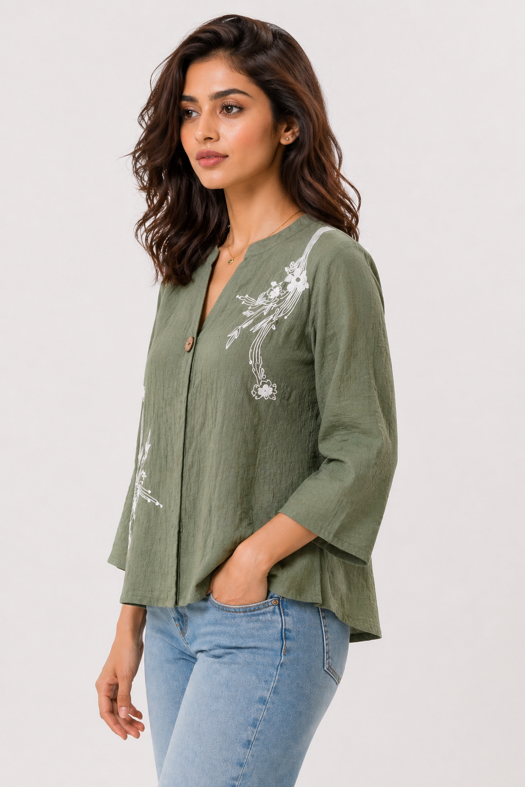 Olive Green Printed Top with Abstract Floral Motif