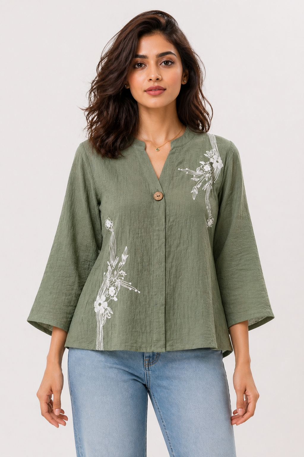 Olive Green Printed Top with Abstract Floral Motif