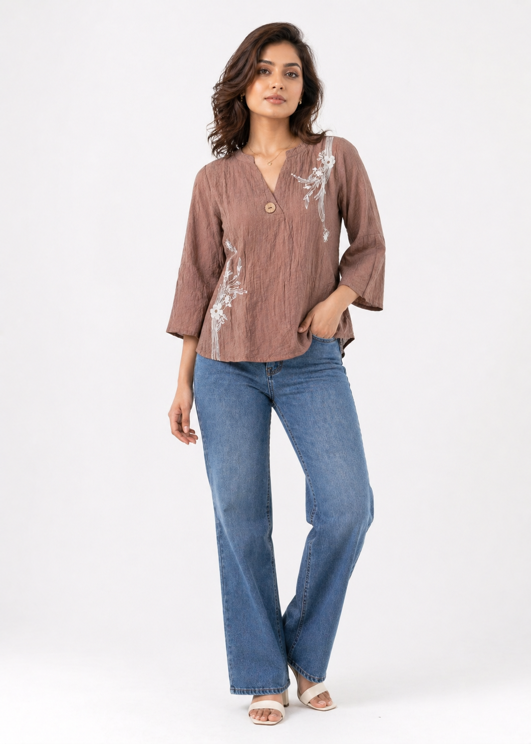 Dusty Brown Printed Top with Abstract Floral Motif