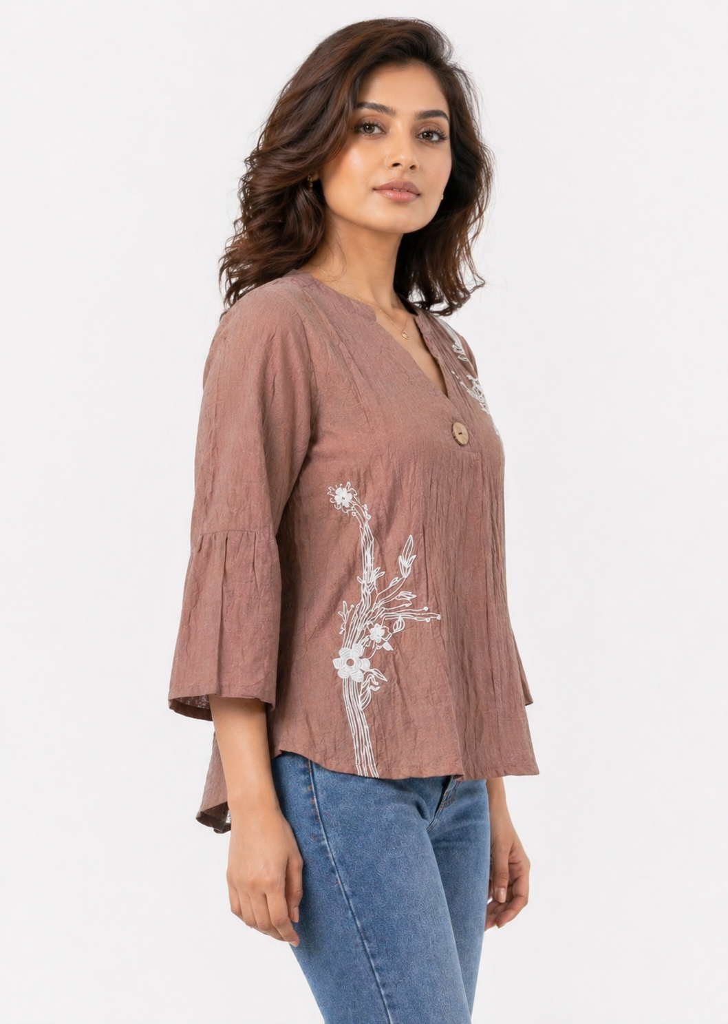 Dusty Brown Printed Top with Abstract Floral Motif