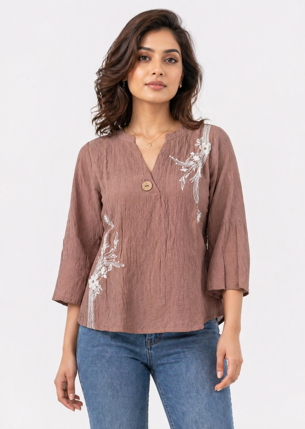 Dusty Brown Printed Top with Abstract Floral Motif
