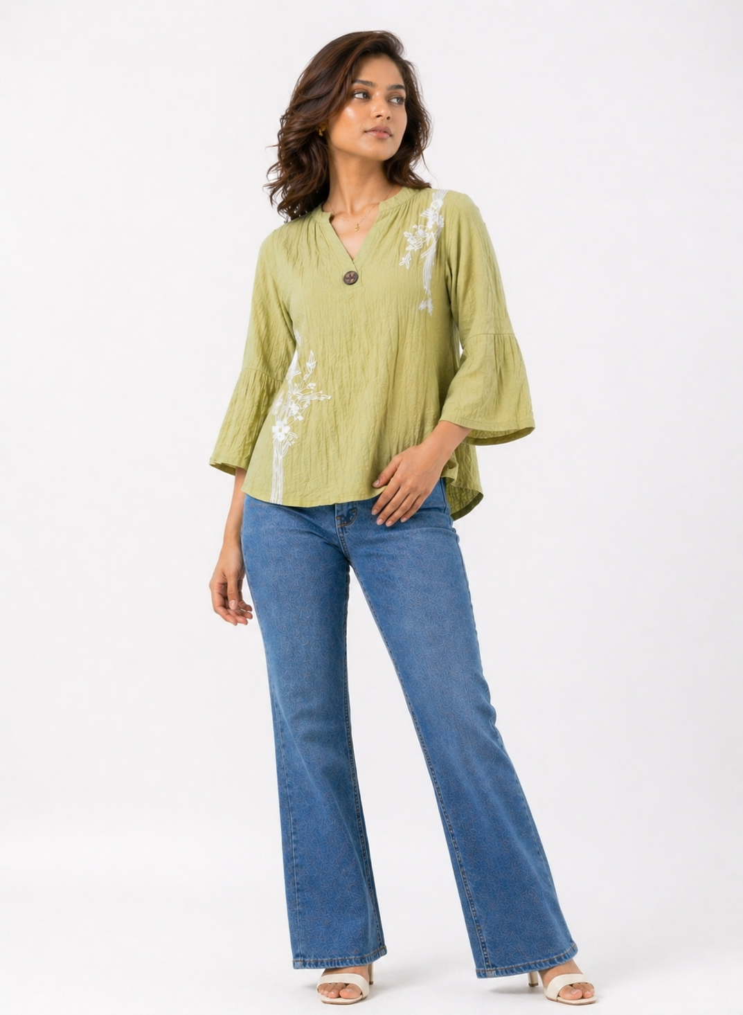 Light Olive Printed Top with Abstract Floral Motif