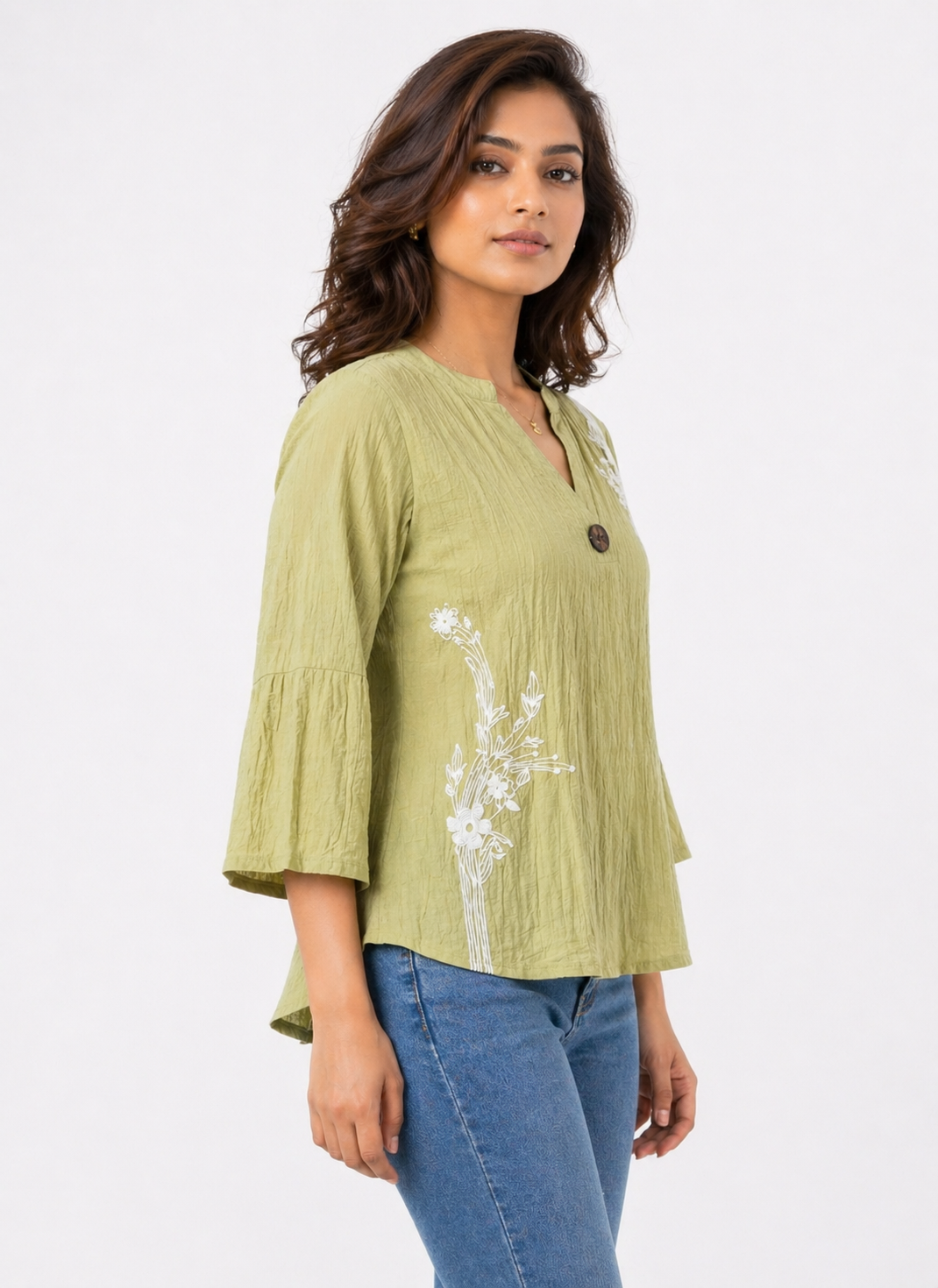Light Olive Printed Top with Abstract Floral Motif