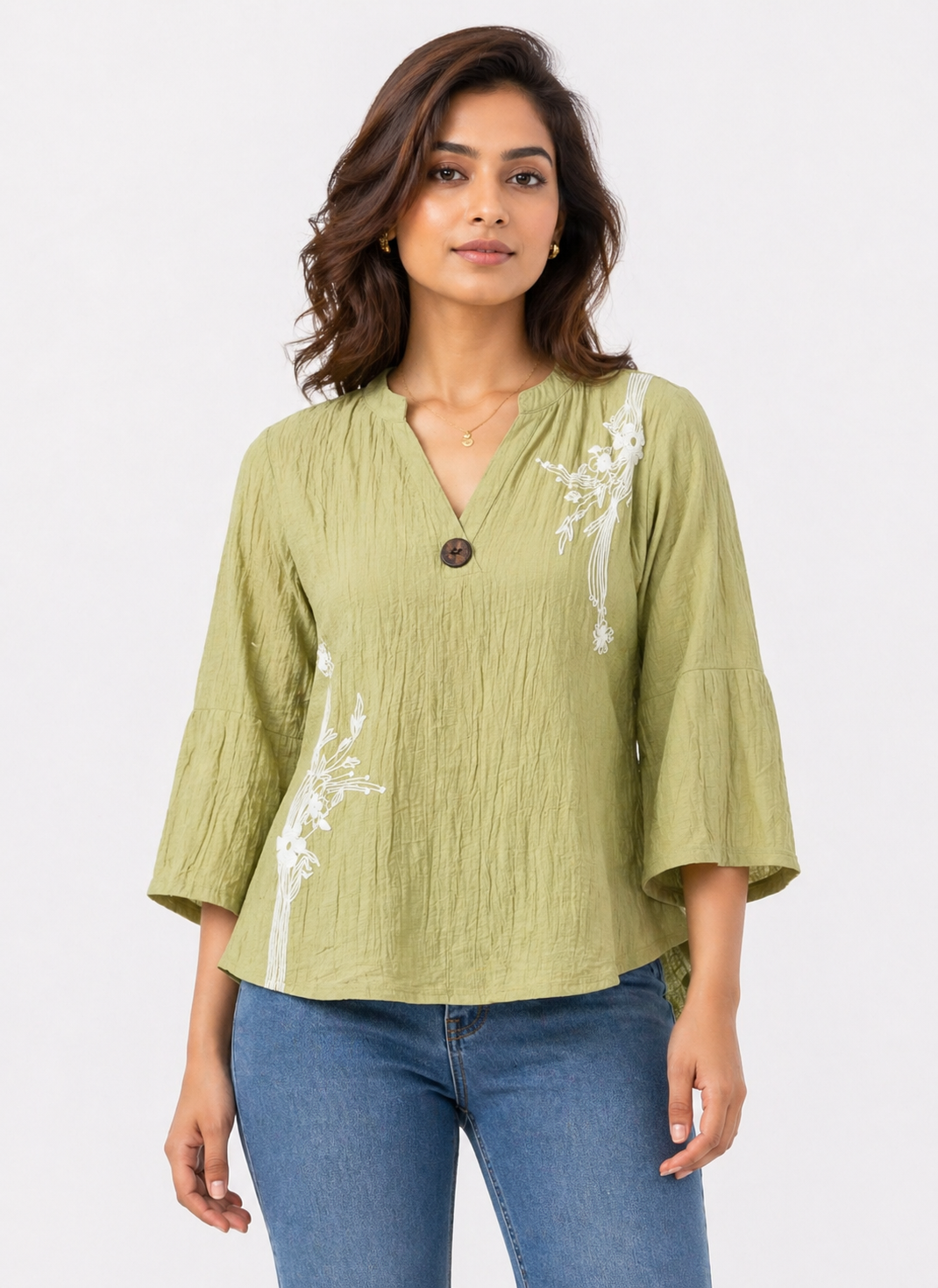 Light Olive Printed Top with Abstract Floral Motif