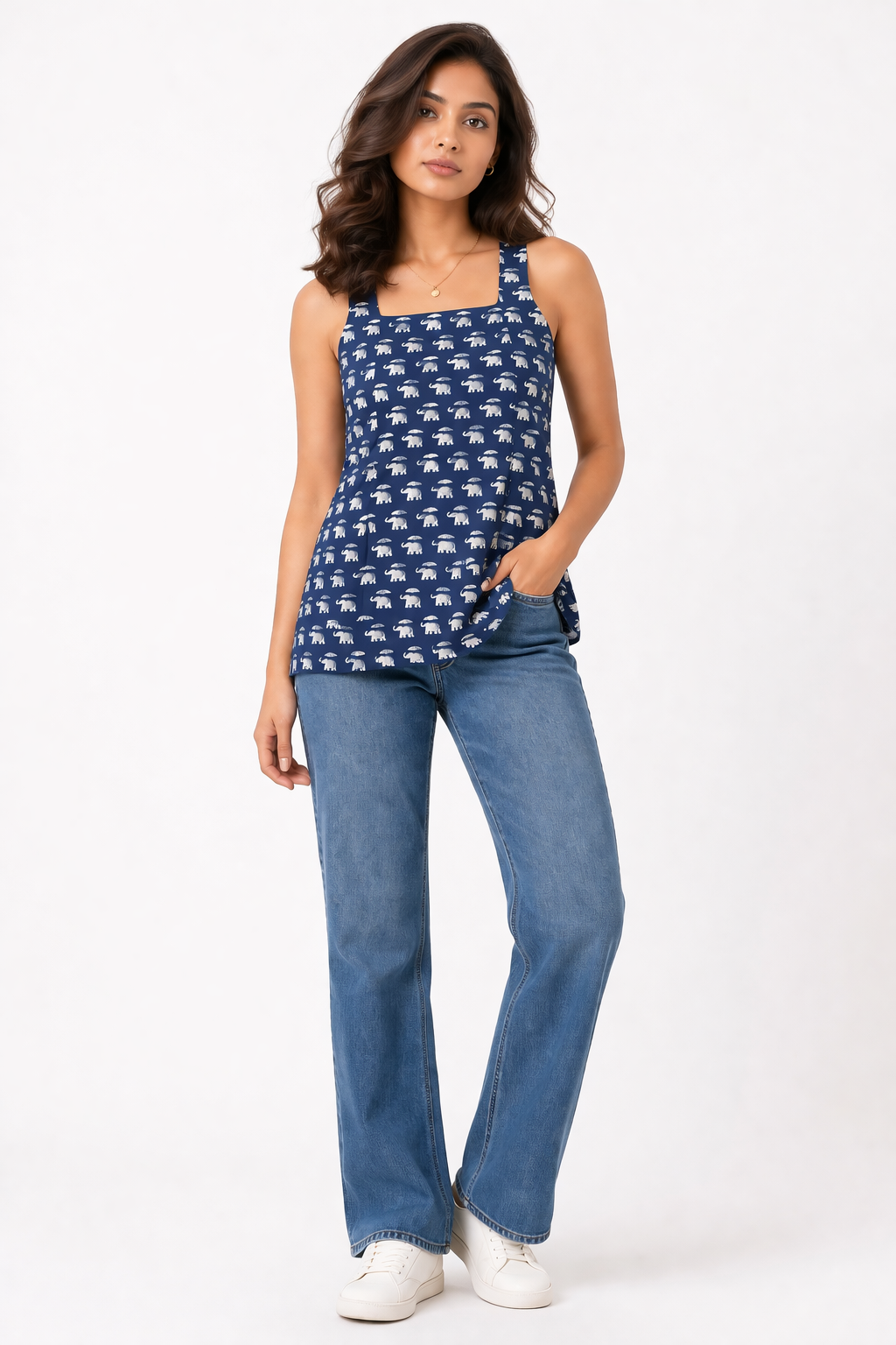 Navy Blue Elephant Print Sleeveless Kurti