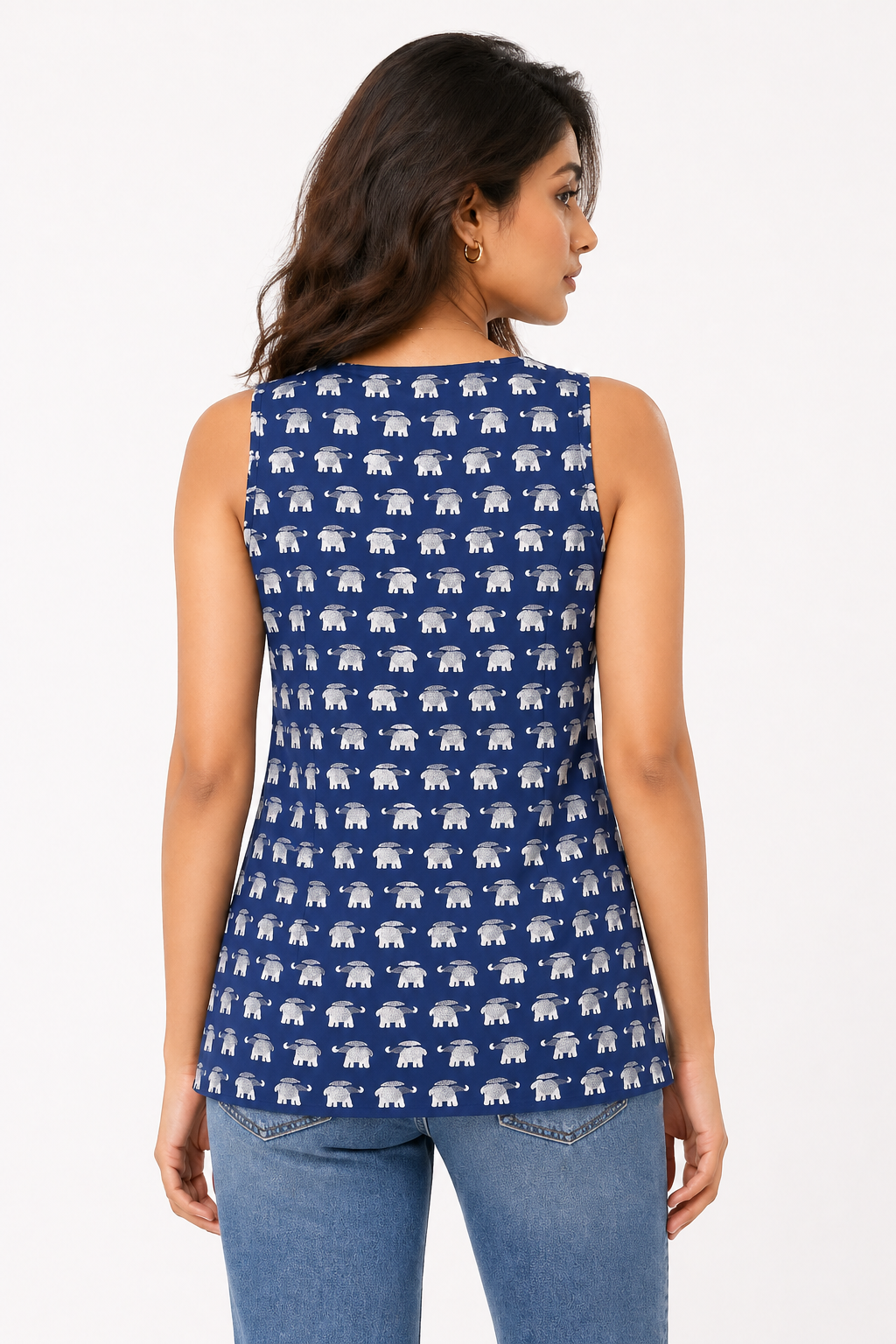 Navy Blue Elephant Print Sleeveless Kurti