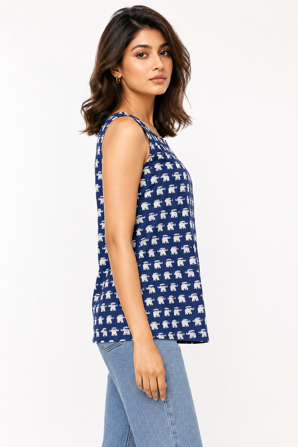Navy Blue Elephant Print Sleeveless Kurti