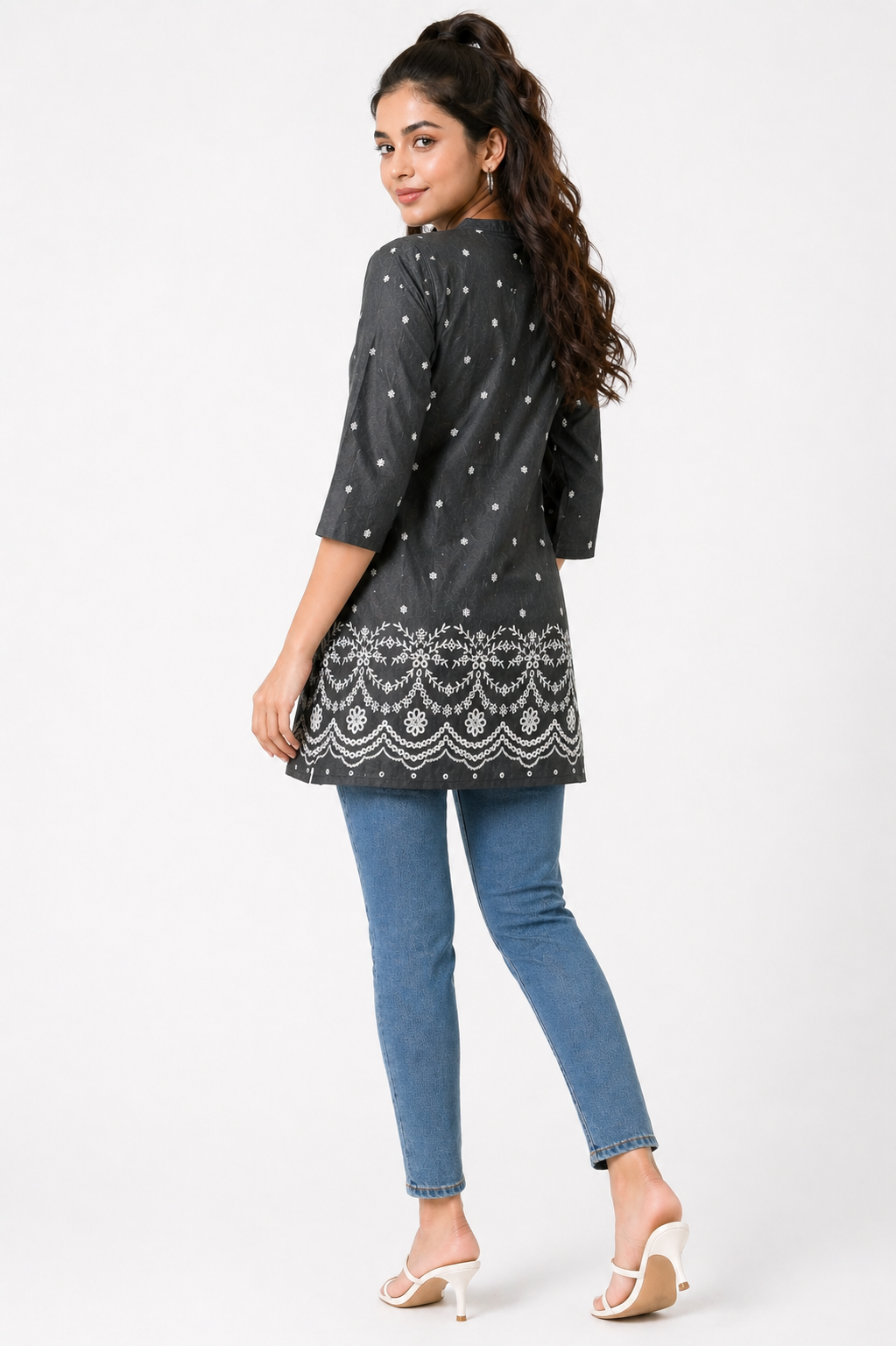 Charcoal Grey Printed Tunic Top with Lace Hem Detail