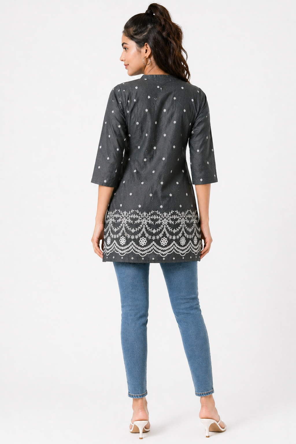 Charcoal Grey Printed Tunic Top with Lace Hem Detail
