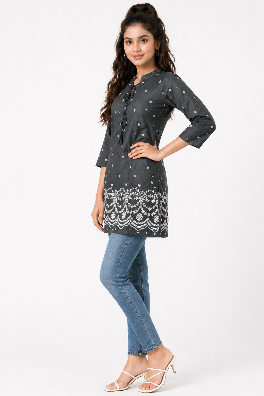 Charcoal Grey Printed Tunic Top with Lace Hem Detail