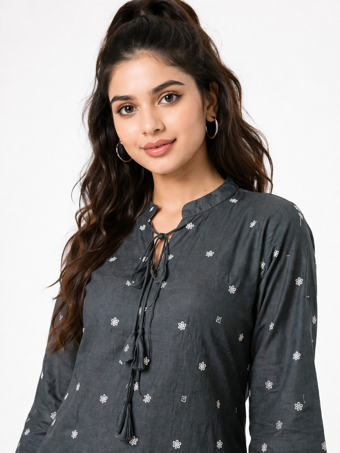Charcoal Grey Printed Tunic Top with Lace Hem Detail