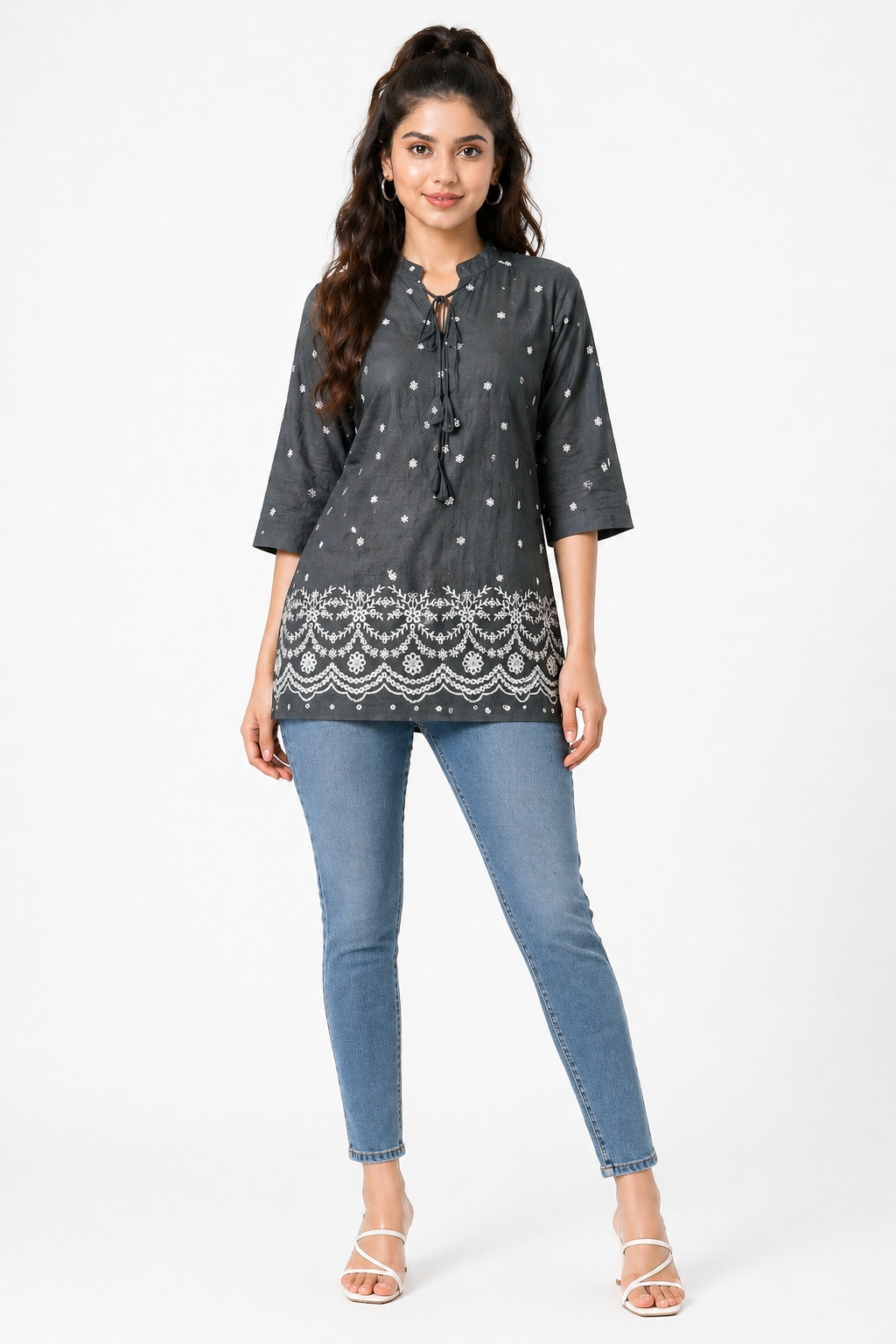 Charcoal Grey Printed Tunic Top with Lace Hem Detail