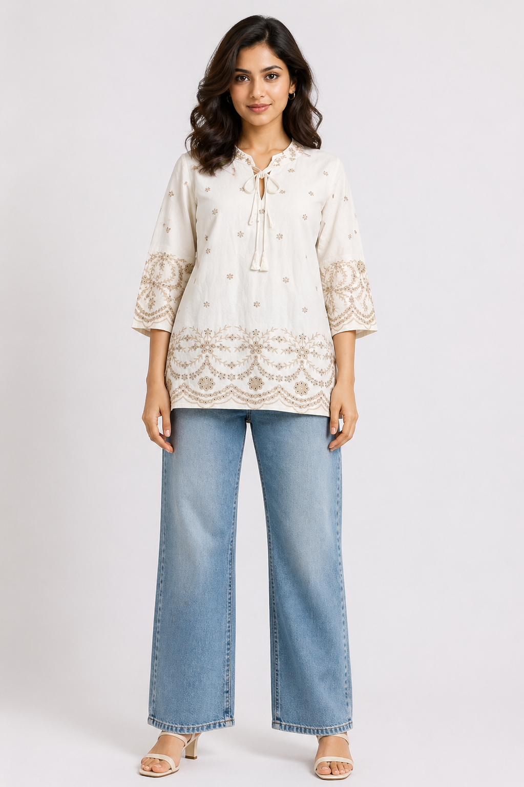 Elegant Ivory Printed Tunic Top with Embroidered Border