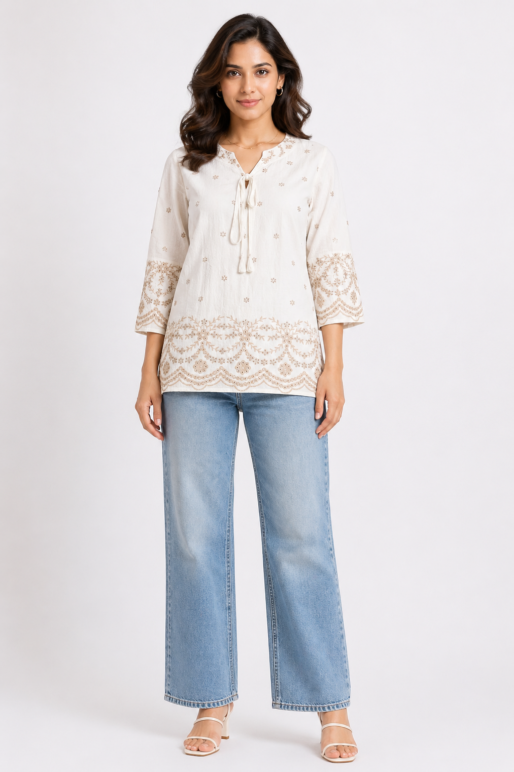 Elegant Ivory Printed Tunic Top with Embroidered Border