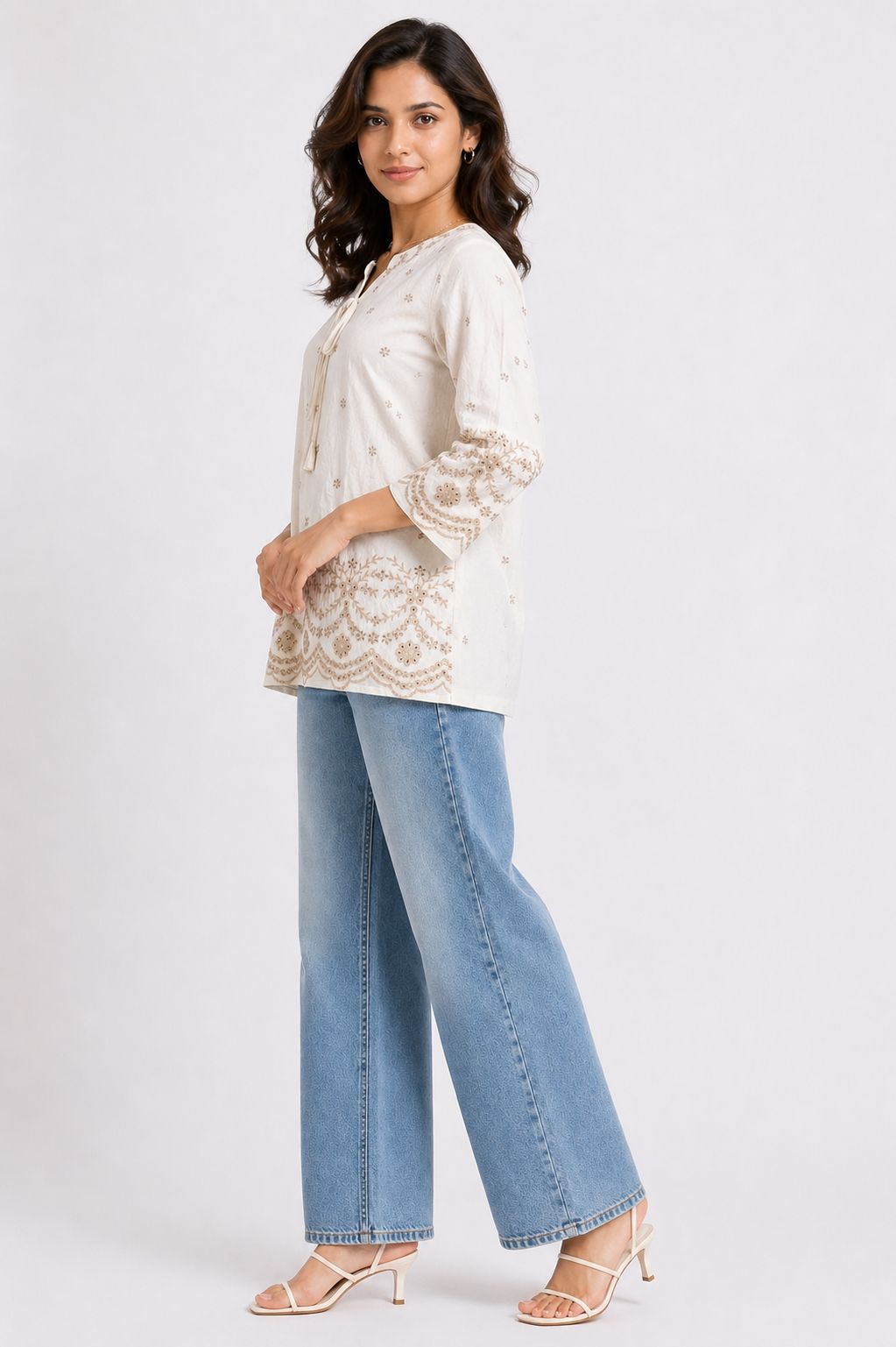 Elegant Ivory Printed Tunic Top with Embroidered Border
