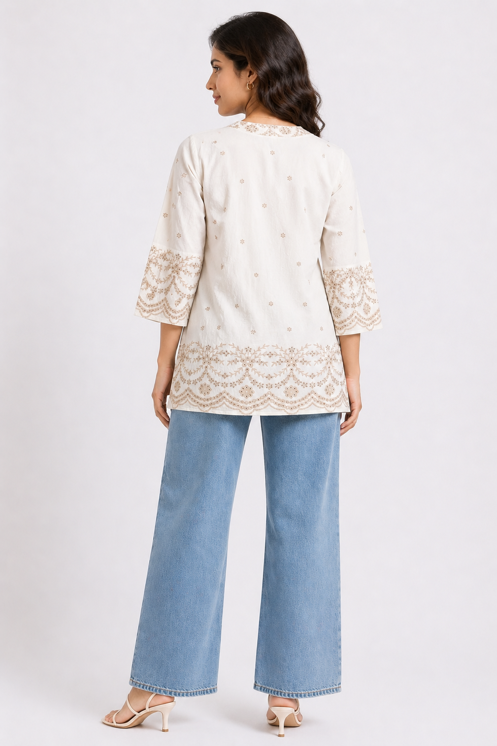 Elegant Ivory Printed Tunic Top with Embroidered Border