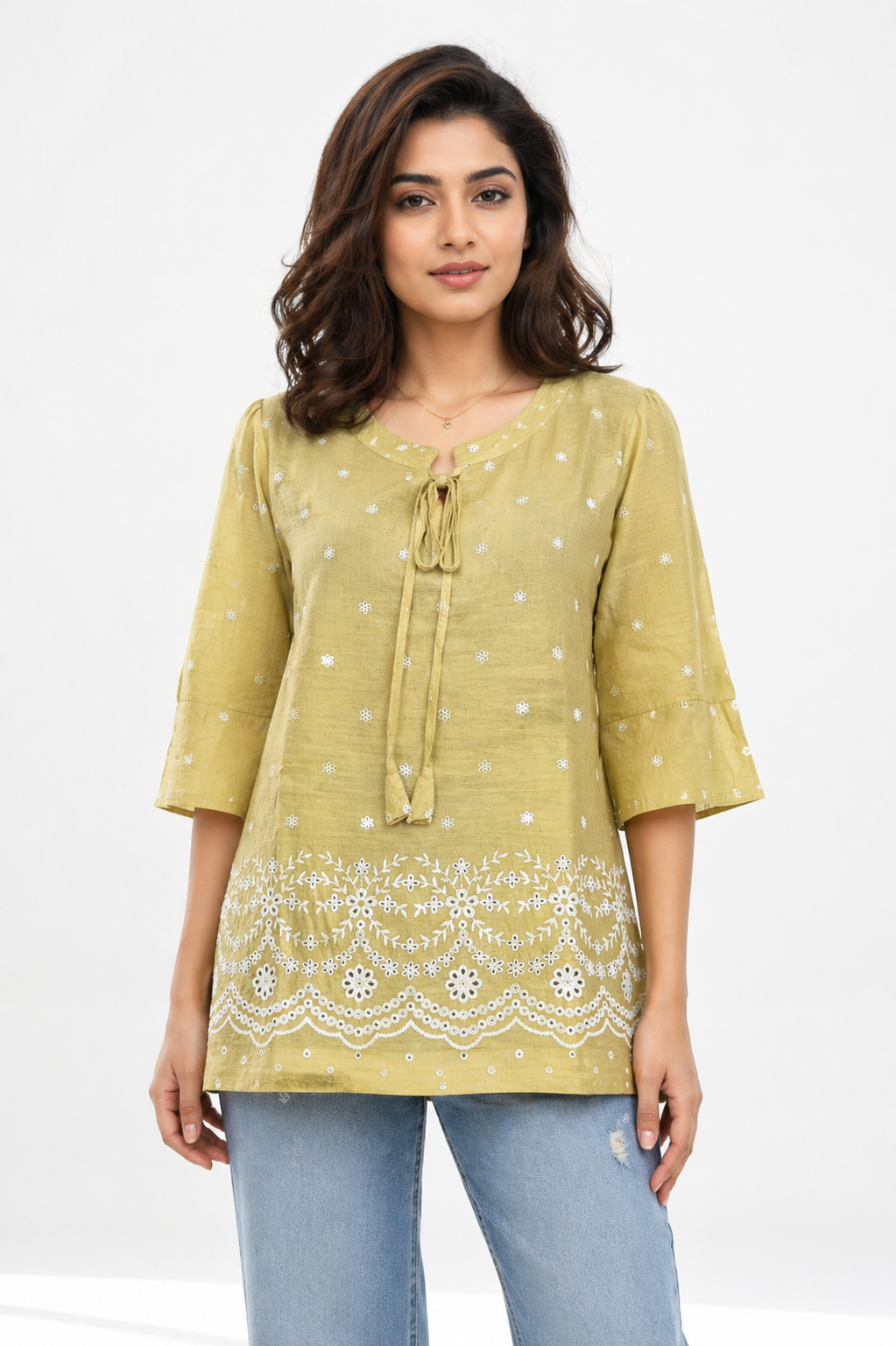 Olive Green Printed Tunic Top with Embroidered Border