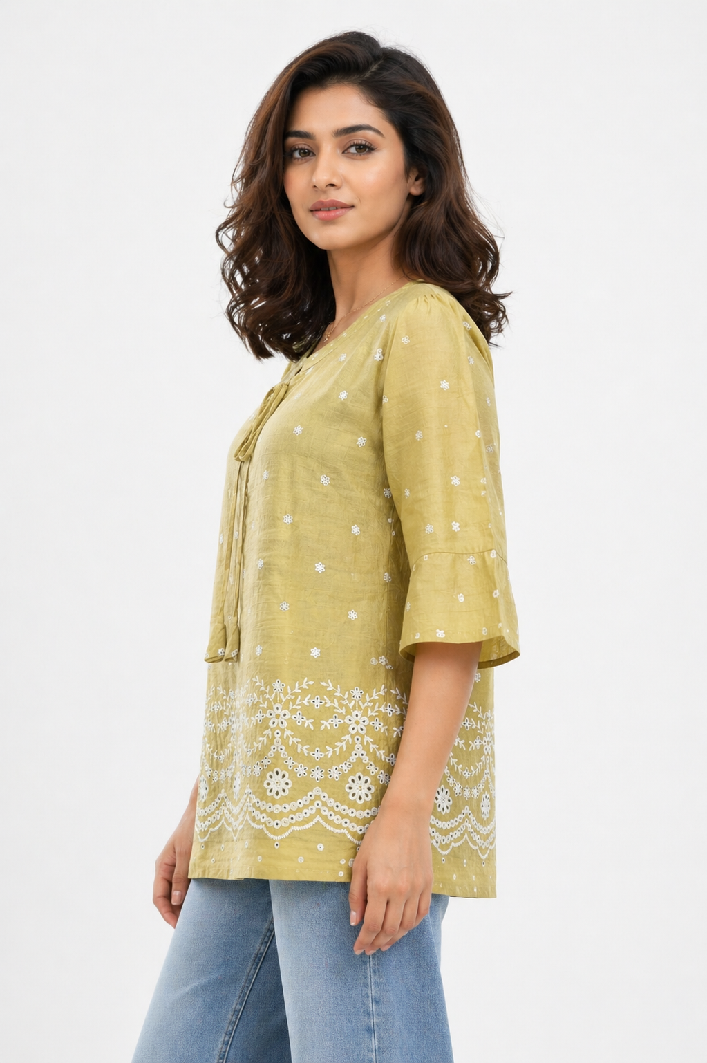 Olive Green Printed Tunic Top with Embroidered Border