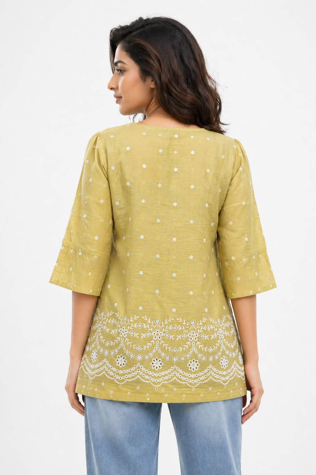 Olive Green Printed Tunic Top with Embroidered Border