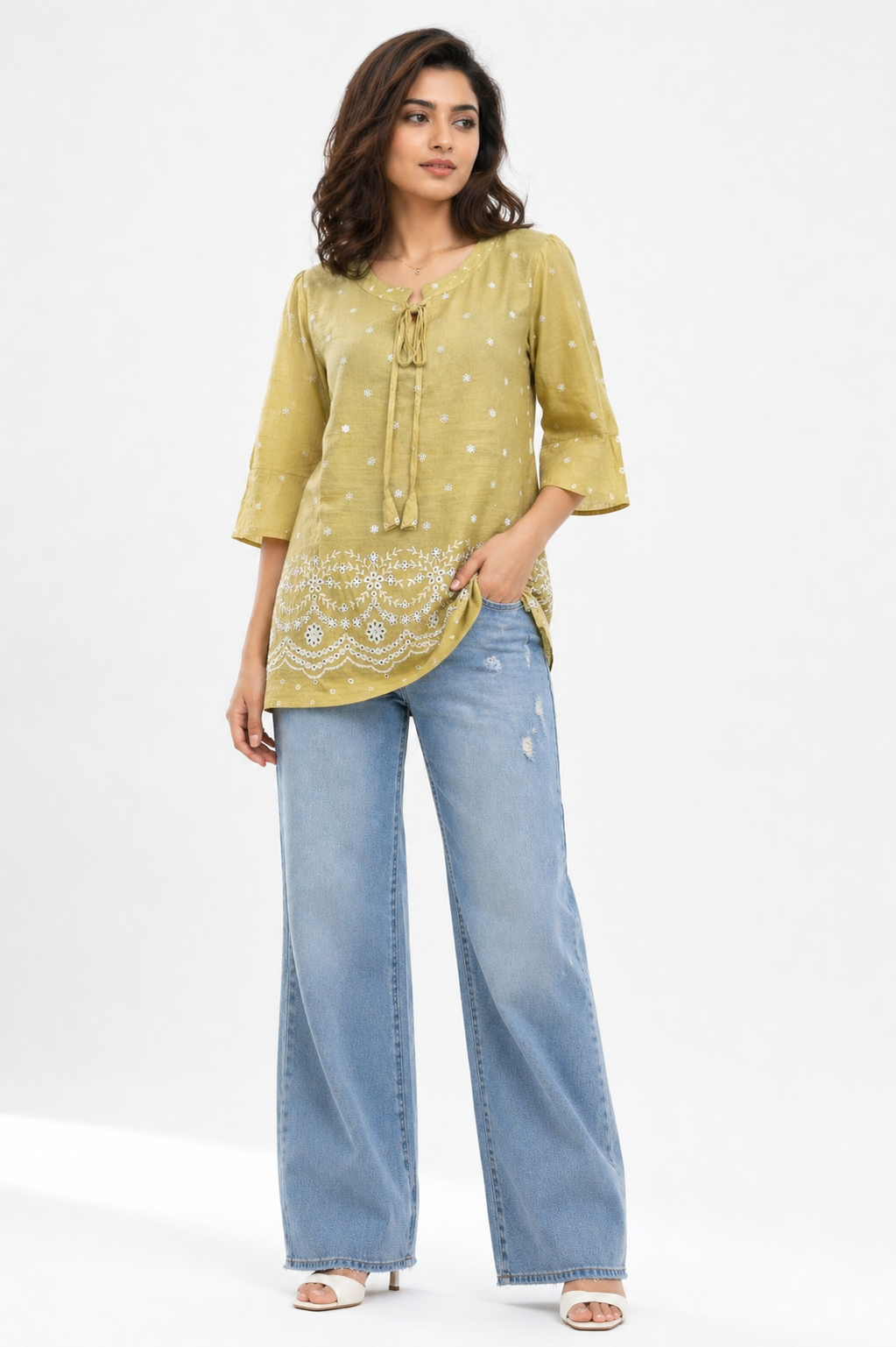 Olive Green Printed Tunic Top with Embroidered Border
