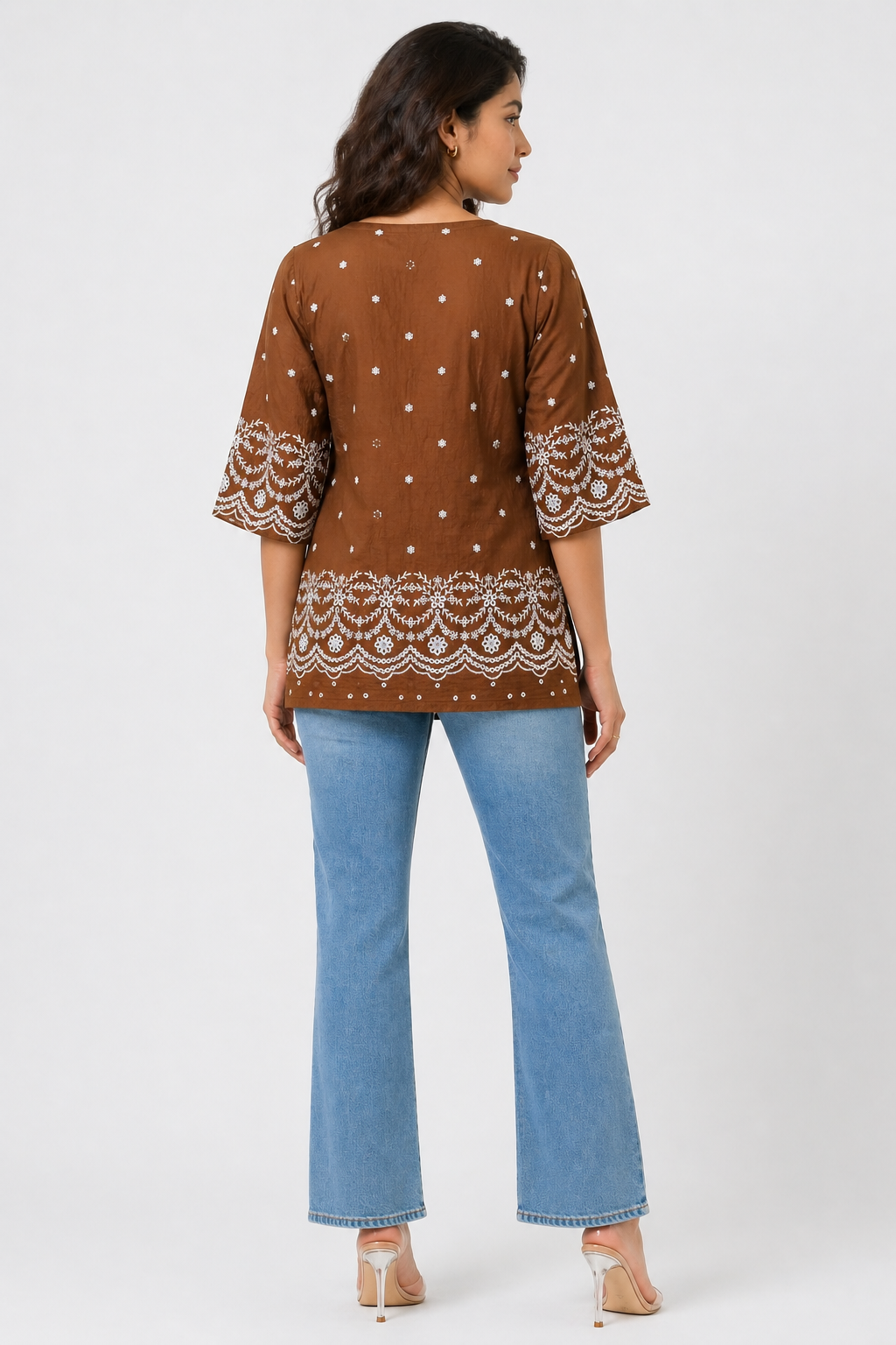Rich Brown Printed Tunic Top with Embroidered Border