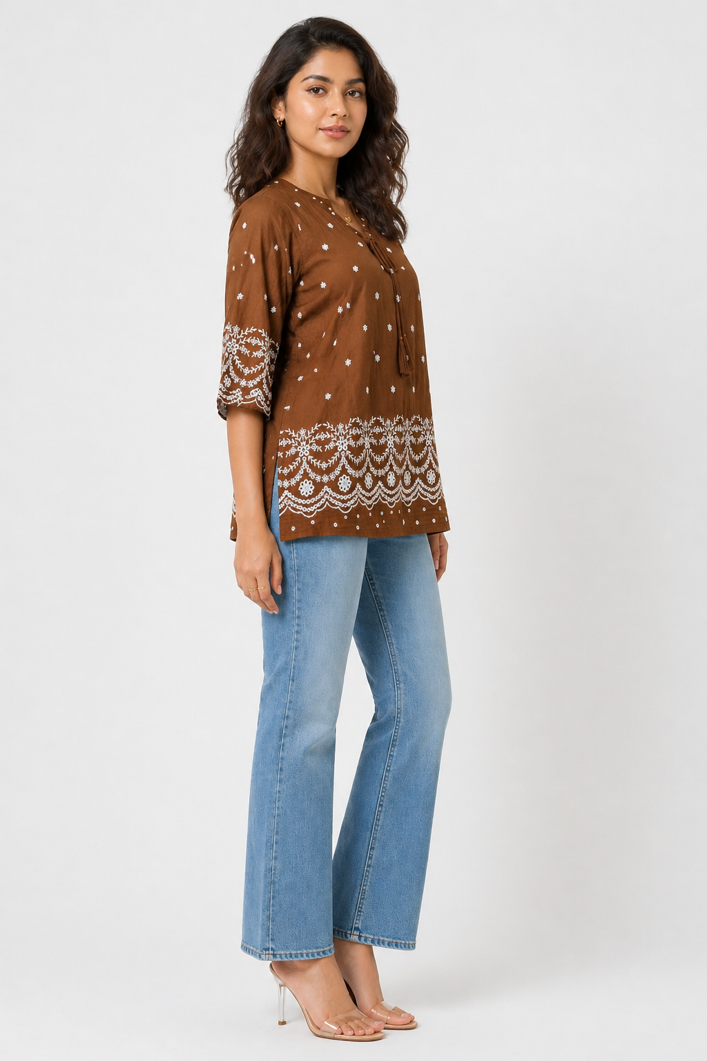 Rich Brown Printed Tunic Top with Embroidered Border