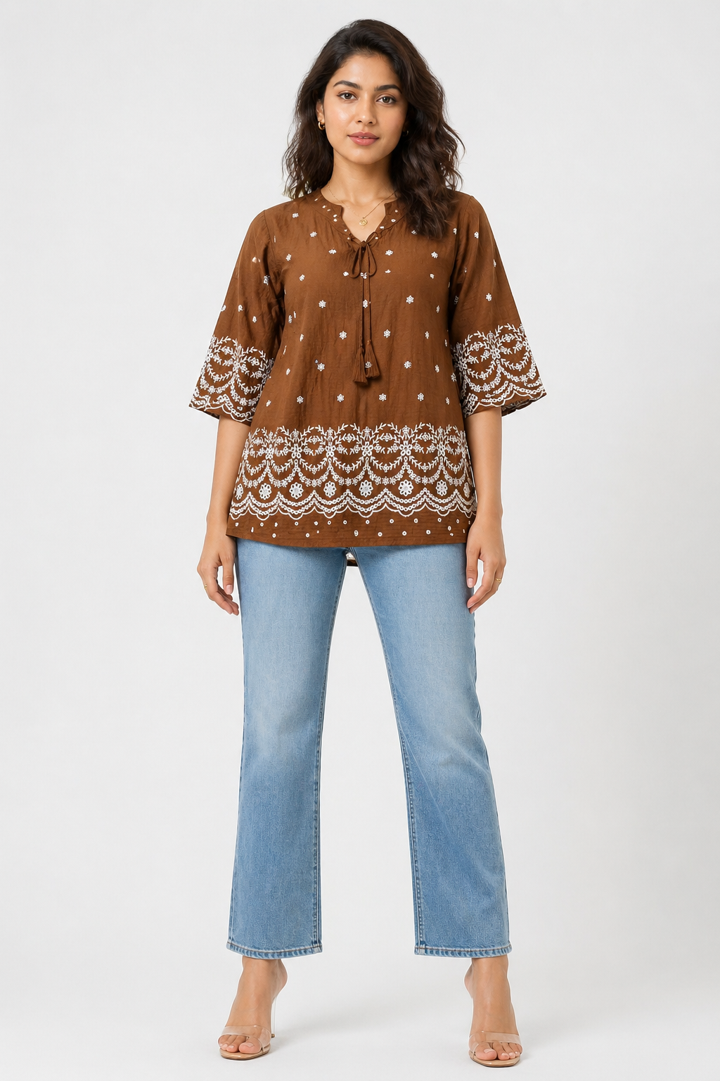 Rich Brown Printed Tunic Top with Embroidered Border