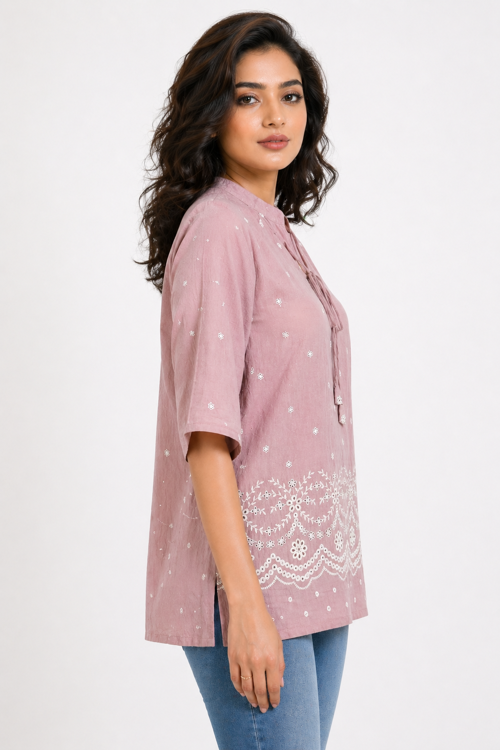 Dusty Pink Printed Tunic Top with Embroidered Border