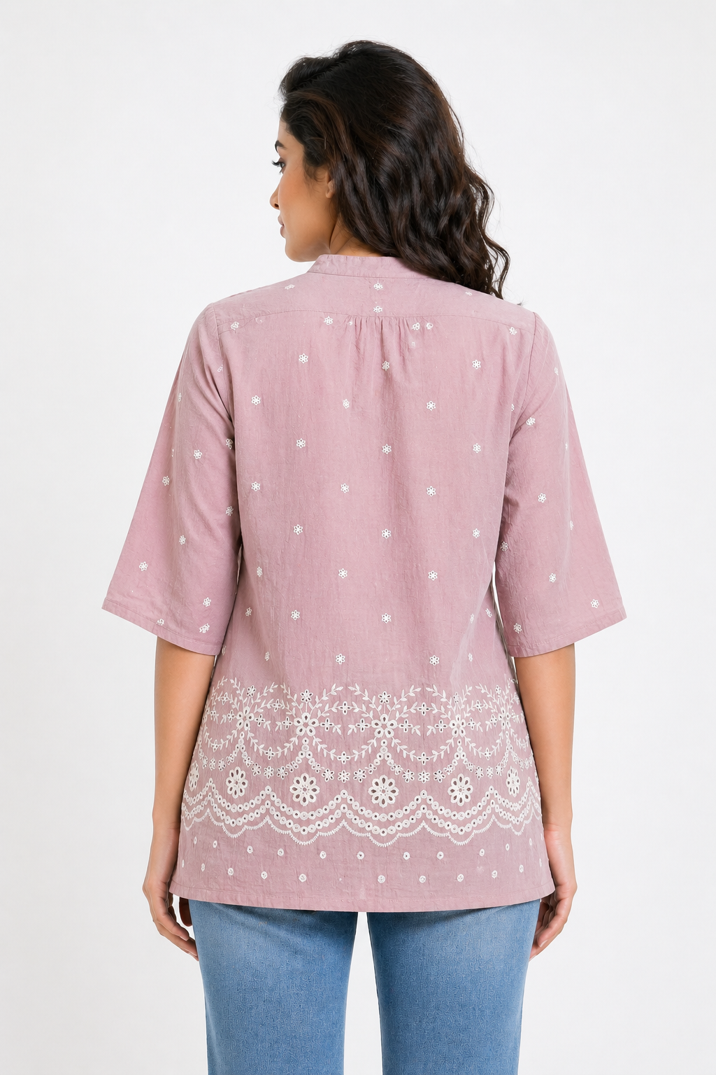 Dusty Pink Printed Tunic Top with Embroidered Border