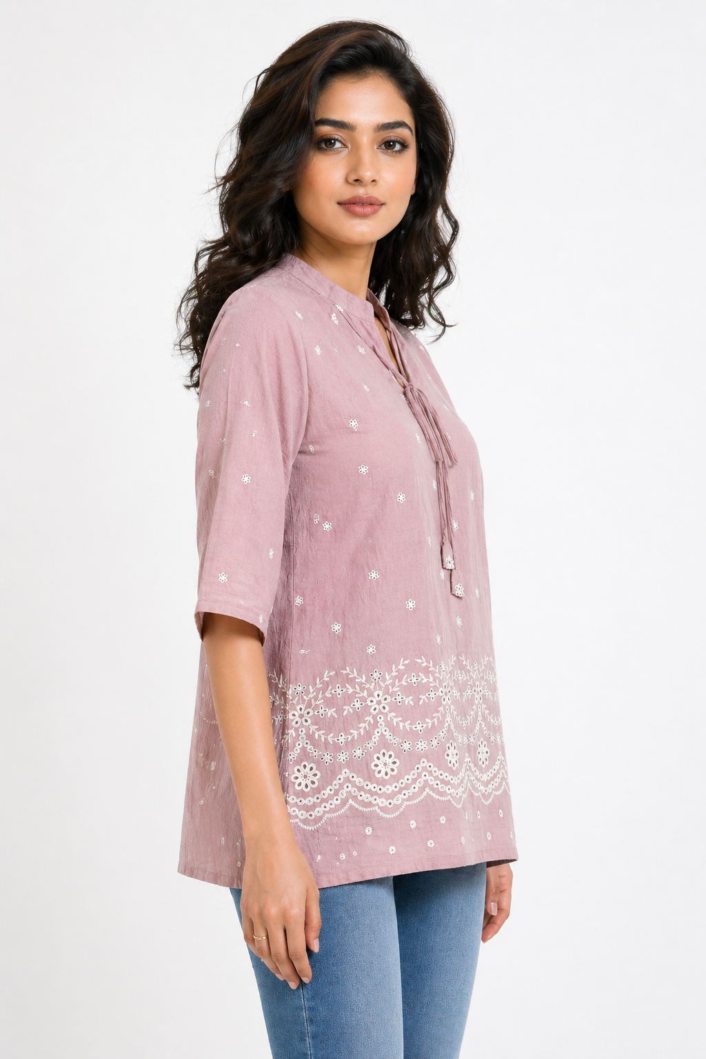 Dusty Pink Printed Tunic Top with Embroidered Border