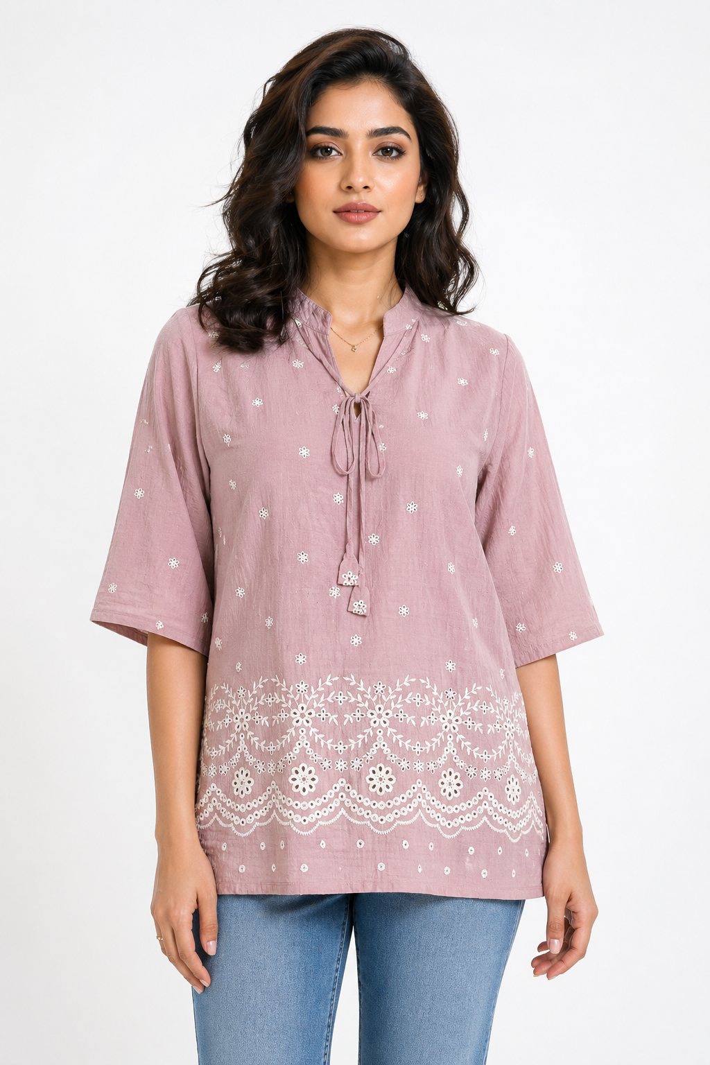 Dusty Pink Printed Tunic Top with Embroidered Border