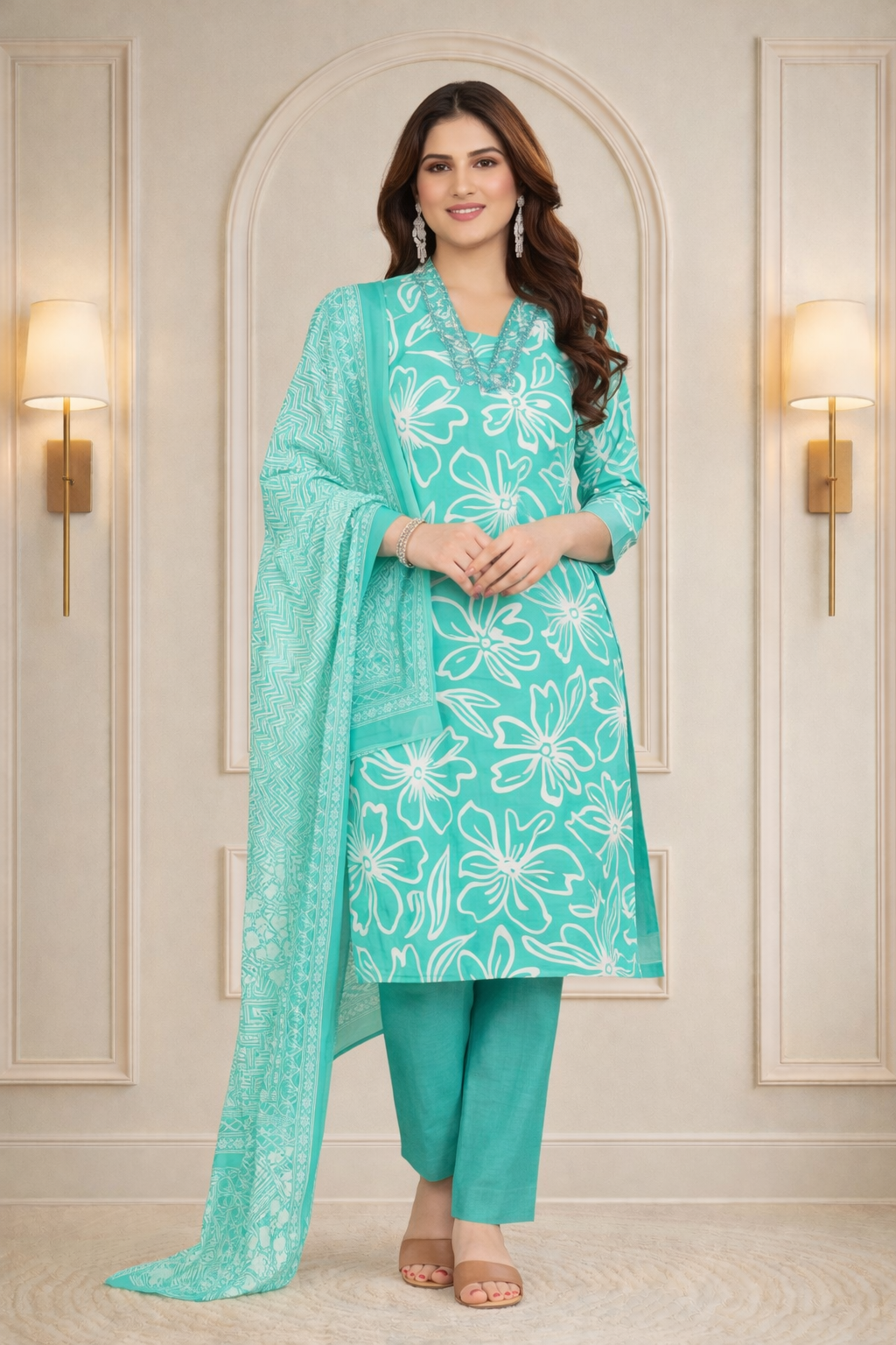 Teal Green Floral Printed Kurti Pant Set with Dupatta