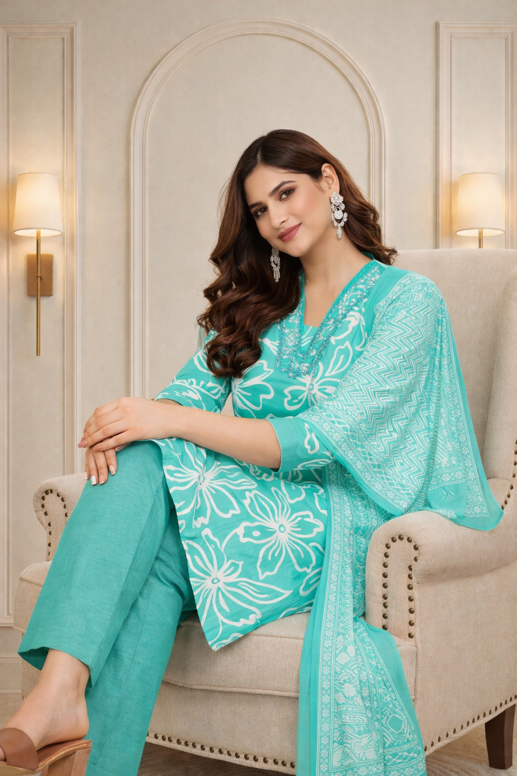 Teal Green Floral Printed Kurti Pant Set with Dupatta