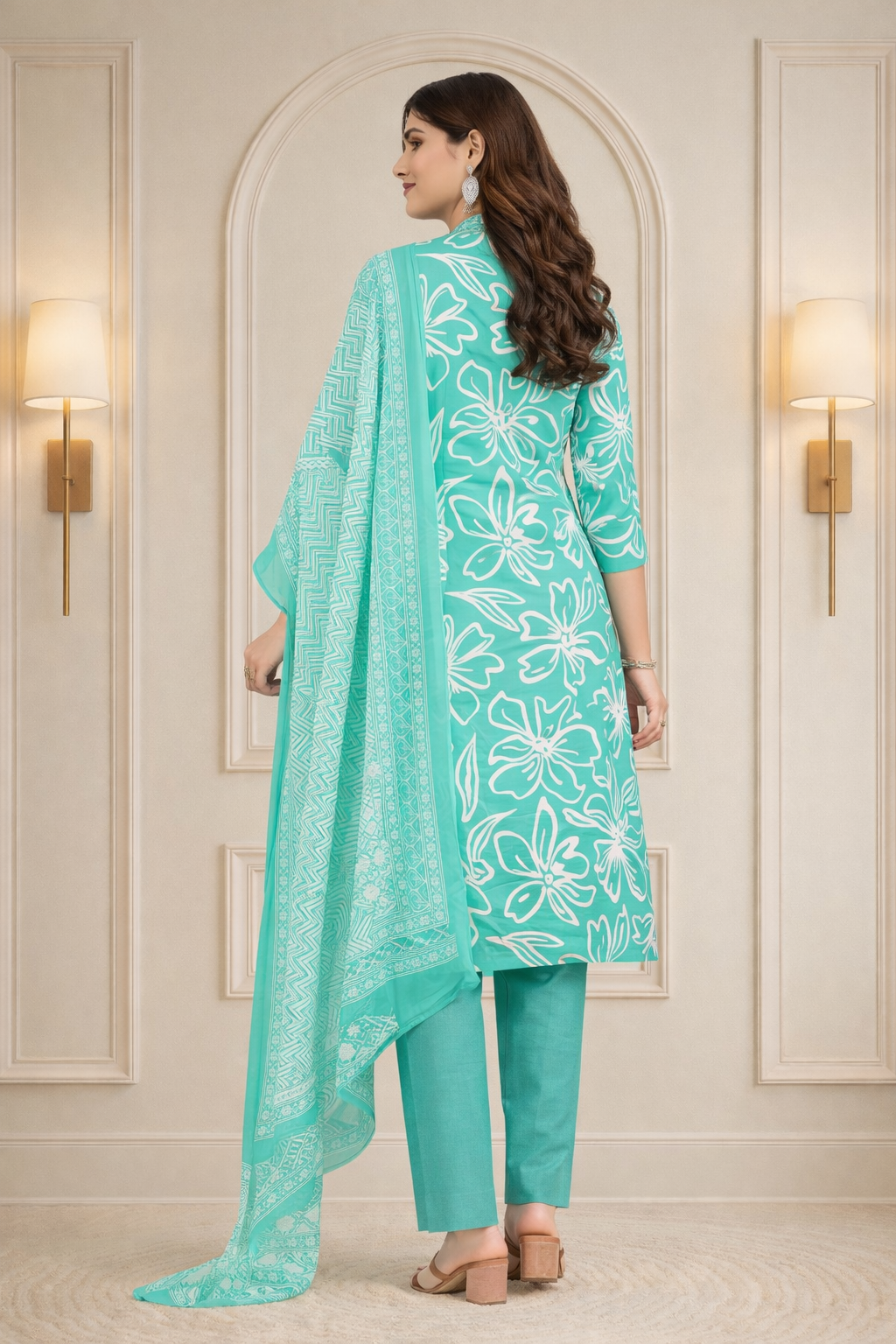 Teal Green Floral Printed Kurti Pant Set with Dupatta