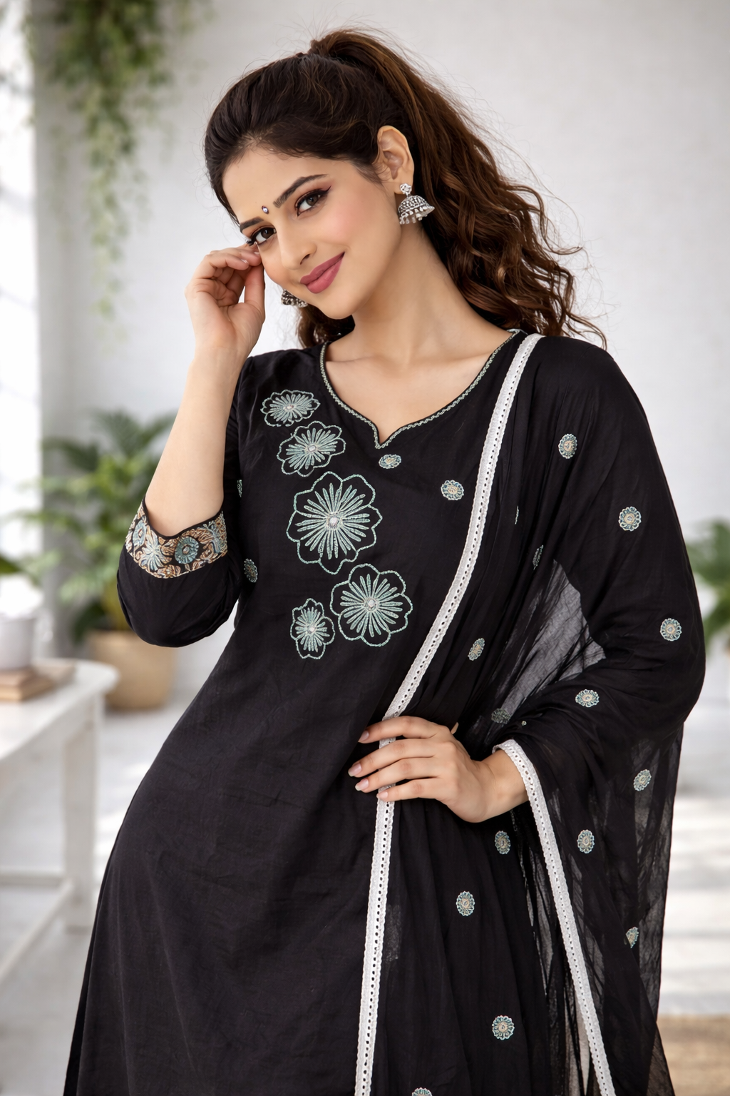 Floral embroidered Black Suit Set with Dupatta